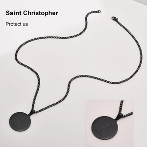 Men's matte black stainless steel Saint Christopher round medal pendant necklace