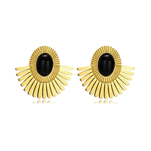 Golden sunburst fan earrings with black onyx stone inlay for women on white background