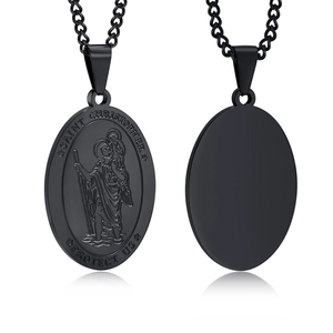 Black Saint Christopher stainless steel oval pendant necklace showing front and back views