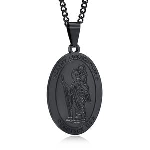 Men's black stainless steel Saint Christopher oval pendant necklace with embossed saint