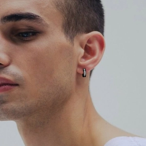 Men's black stainless steel huggie earrings featuring Nordic Viking runes and runes patterns