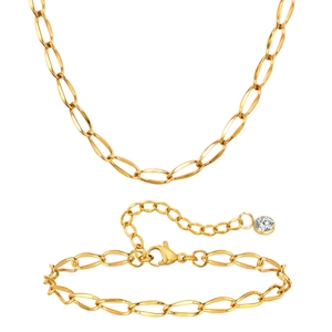 18K gold plated stainless steel chunky oval link chain necklace and bracelet jewelry set