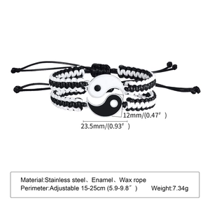 Detailed specs of adjustable Yin Yang braided bracelets with stainless steel charms