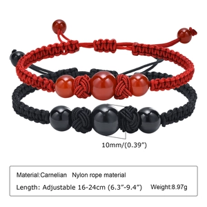 Detail of adjustable black and red woven rope bracelets with 10mm agate beads and magnets
