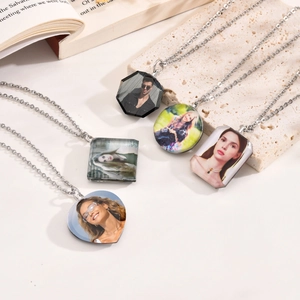 Geometric White Crystal Pendant Necklace Memorial Jewelry Silver Color Alloy Chain Heart Round Square Shapes Women Holiday Gift