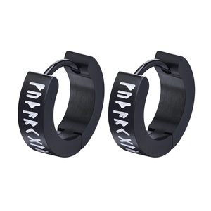 Black stainless steel Viking rune hoop earrings with a brushed finish for men