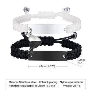 Close-up of stainless steel puzzle heart magnetic bracelets with nylon cord size details