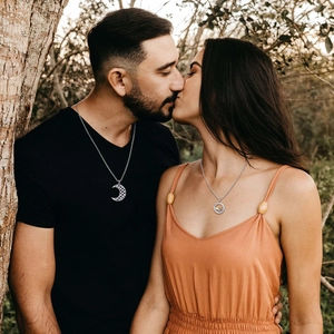 Romantic copper sun moon puzzle pendant necklaces set with cubic zirconia for couples