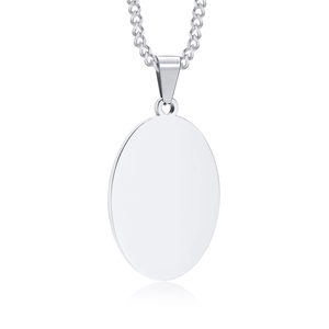 Polished stainless steel oval pendant with high-gloss finish on a curb chain necklace