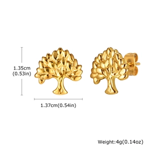 Detailed view of tree of life stud earrings in gold with size and weight dimensions