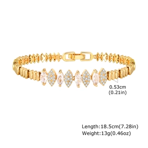 Detailed view of gold Cuban link bracelet with marquise zircon and size parameters