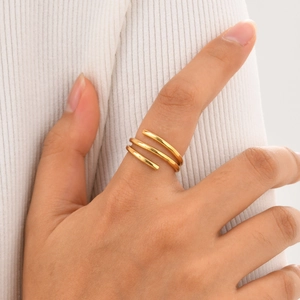 Minimalist gold-plated stainless steel spiral ring with a modern triple-layered wrap design
