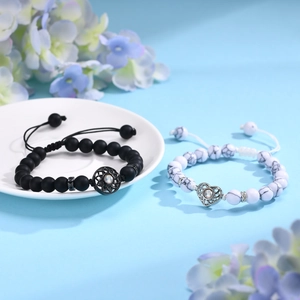 Ensemble de Bracelets de Couple en Acier Inoxydable Coeur Rond Creux Projection Agate Mate Pierre Blanche Bijoux Réglables