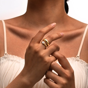 Minimalist Stainless Steel Gold Plated Ring Set With Oval Zirconia In Bezel Setting For Women Fashion Daily Jewelry Double Layer Ring