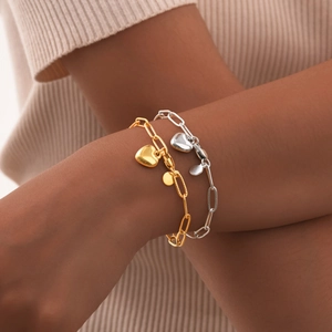 Ensemble de bracelets à maillons avec breloque cœur en acier inoxydable or et argent