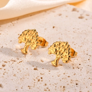 Detailed view of golden tree of life stud earrings with a polished finish and butterfly back