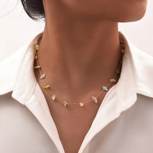 Collana da Donna in Acciaio Inossidabile Placcato Oro 18K Catena con Pietre Naturali Multicolore Perline Irregolari Gioielli Moda