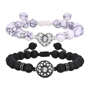 Lot de bracelets de couple en pierre de marbre blanc et agate noire mate cœur évidé