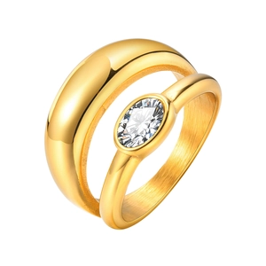 Minimalist gold stainless steel ring set with oval zircon and polished dome band