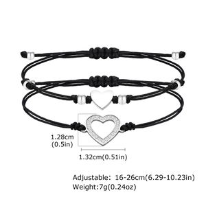 Three-piece black woven adjustable bracelets with stainless steel zircon heart charms