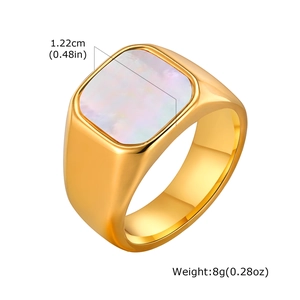 Detail view of a 1.22cm square mother of pearl inlay on a gold stainless steel signet ring