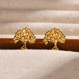 Stainless Steel Tree of Life Stud Earrings For Women Gold Plated Mirror Polished Nature Style Botanical Fashion Jewelry