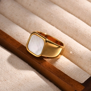 Minimalist gold plated square signet ring with white mother of pearl inlay for women