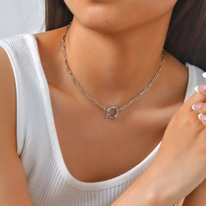 Minimalist silver stainless steel rectangular link necklace with circular bubble clasp