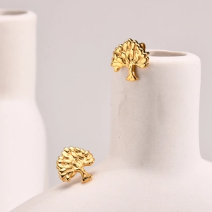 Elegant gold stainless steel Tree of Life stud earrings with a polished mirror finish
