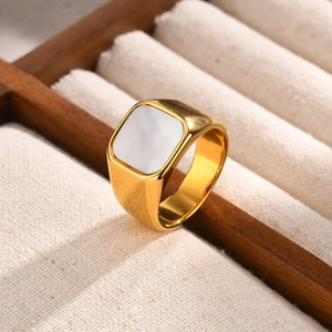 Square Signet Ring Gold Plated Stainless Steel With White Mother Of Artificial Pearl Minimalist Geometric Jewelry For Women