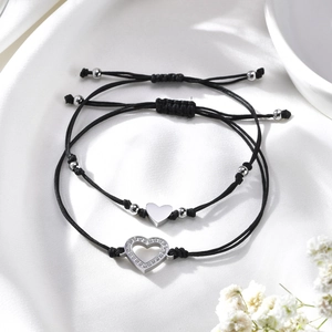 Adjustable Stainless Steel Heart Pendant Braided Bracelets Set Rhinestone Black Rope Mother Daughter Jewelry Gift