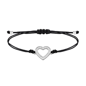 Adjustable black woven rope bracelet set with heart-shaped cubic zirconia charms