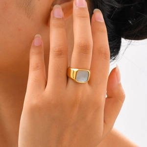 Minimalist gold stainless steel geometric square mother of pearl ring for women