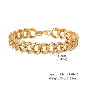 Detailed view of 1.2cm gold Cuban link bracelet with zircon inlay and clasp specs