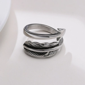Vintage stainless steel open feather ring with antique silver finish for men and women