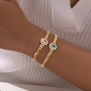Retro gold plated Cuban chain bracelets with blue and clear zircon stones for women
