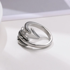 Macro view of vintage silver feather and arrow textures on stainless steel ring