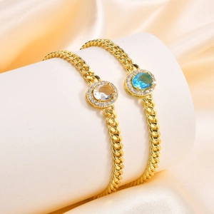 Vintage Copper Cuban Link Bracelet For Women With Oval Blue White Rhinestone Gold Plated Elegant Jewelry Fashion Hand Accessory