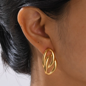 Minimalist gold double oval loop stud earrings for women with polished mirror finish