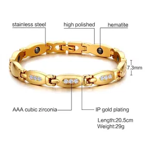 Gold plated stainless steel bracelet with cubic zirconia and hematite stones on white background