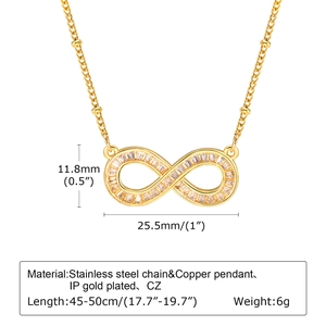 Detailed specs of infinity symbol necklace in 14K gold plating with CZ zircon