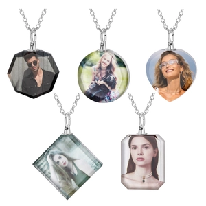 Custom photo geometric crystal pendant necklace set in five distinct faceted shapes