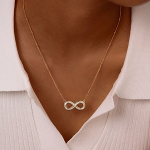 Elegant 14K gold plated infinity pendant necklace with zircon stones on bead chain