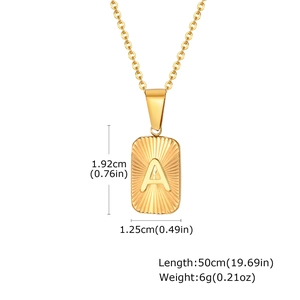 Detail view of golden square letter A pendant necklace with size and weight dimensions