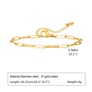 Golden stainless steel paperclip chain bracelet for women with adjustable K18 tag
