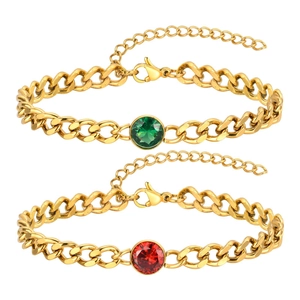 Bracciali a catena cubana dorati con zirconi rotondi rossi e verdi e chiusura a moschettone