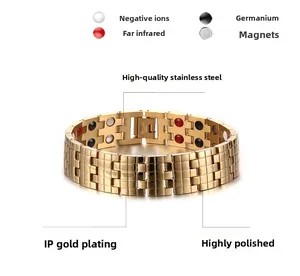 Detail of men's gold stainless steel magnetic therapy bracelet with healing elements