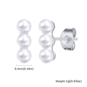 Close-up of three pearl stud earrings with size and weight measurements in silver finish