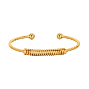 Minimalist gold stainless steel open bangle featuring unique spiral spring texture and ball ends