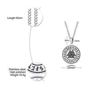Collier Viking en acier inoxydable argenté avec pendentif Valknut et runes